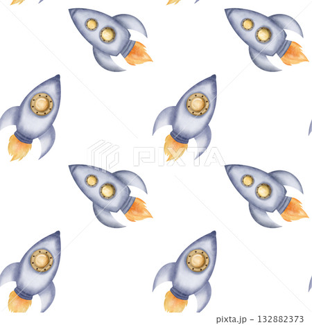 Beautiful gray space rockets, spaceships on white background, seamless pattern. Watercolor digital illustration Beautiful gray space rockets, spaceships on white background, seamless pattern. Watercolor digital illustration 132882373