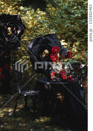 Haunted Garden Scene with Oversized Black Flowers and Red Roses Haunted Garden Scene with Oversized Black Flowers and Red Roses 132882463