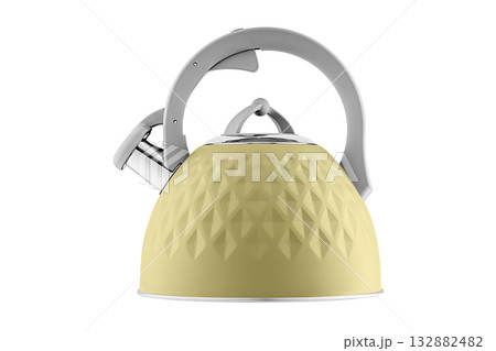 kettle with whistle, matte Yellow color, with rhombus texture on isolated and white background 132882482