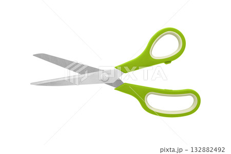 Green Handled Scissors Half Open on White Background Green Handled Scissors Half Open on White Background 132882492