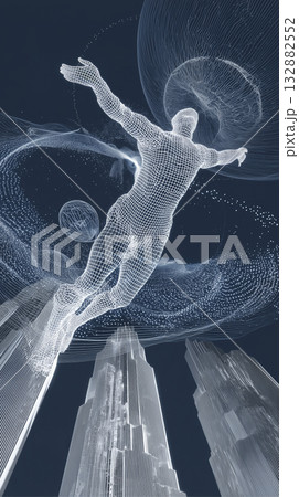 A wireframe flying man hologram over city...のイラスト素材 [132882552] - PIXTA