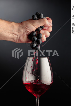 Winemaker's hand firmly squeezes a bunch of ripe grapes. Winemaker's hand firmly squeezes a bunch of ripe grapes. 132882576