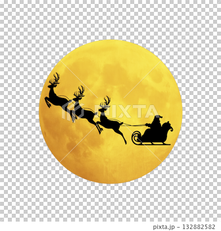 Santa silhouette sleigh and reindeer flying across full yellow moon at night, festive magical holiday scene with joyful atmosphere Santa silhouette sleigh and reindeer flying across full yellow moon at night, festive magical holiday scene with joyful atmosphere 132882582