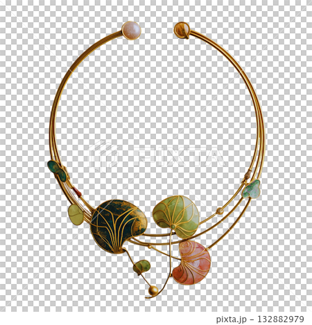 Art nouveau necklace gold wire enamel pendant seashell motif gemstone accent elegant jewelry handcrafted vintage style nature inspired decorative 132882979