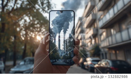 Hand holding smartphone industrial smoke air pollution urban street climate change environmental impact factory chimneys smog modern technology 132882986