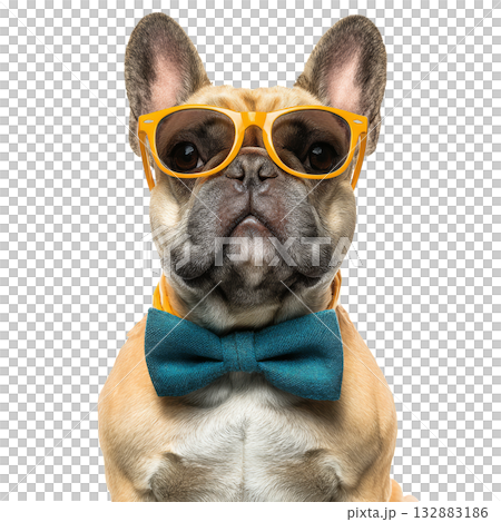 Happy Dog Wearing a Red Bowtie Sits Proudly With a Cheerful Expression in a Bright Setting. 132883186