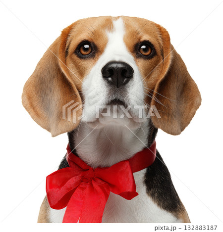 Beagle Puppy With a Red Bow Tie Looking Directly at the Camera in a Neutral Setting Beagle Puppy With a Red Bow Tie Looking Directly at the Camera in a Neutral Setting 132883187