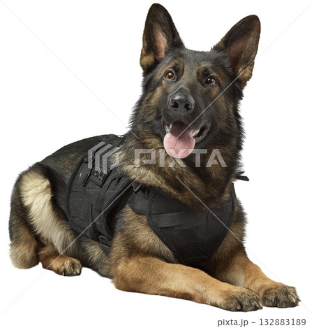 German Shepherd Wearing Tactical Vest is Ready for Action and Training Outdoors. 132883189