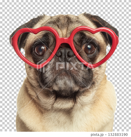 Pug Wearing Heart-Shaped Glasses Shows off Cute Personality in a Fun Setting 132883190