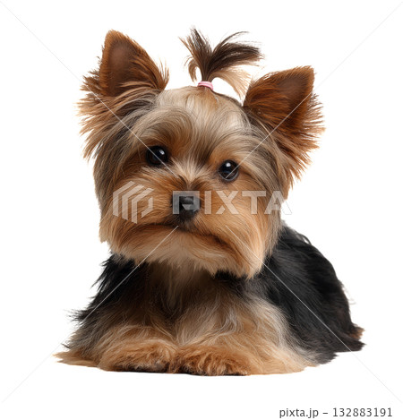 Cute Yorkshire Terrier Lying on a White Background With Shiny Fur and Expressive Eyes. Cute Yorkshire Terrier Lying on a White Background With Shiny Fur and Expressive Eyes. 132883191