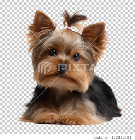 Cute Yorkshire Terrier Lying on a White Background With Shiny Fur and Expressive Eyes. Cute Yorkshire Terrier Lying on a White Background With Shiny Fur and Expressive Eyes. 132883191