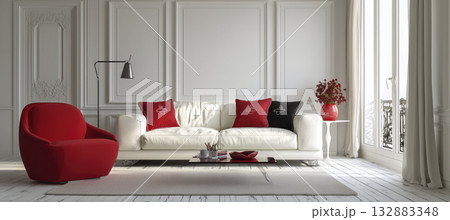Modern living room white wall red accent sofa armchair minimalist elegant bright natural light curtains create calm mood 132883348