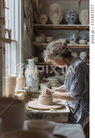 Ceramic pottery artisan studio wheel clay craft handmade senior focused potter shaping clay on wheel in sunlit studio, calm and intimate 132883357