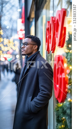 Cinematic Black Friday themed portrait featuring urban style, store display, and holiday discount atmosphere for marketing materials 132883387