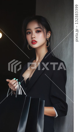 Chic portrait of a young Asian woman holding matte black bags with red ribbons, Black Friday themed urban minimalism for commercial use 132883399