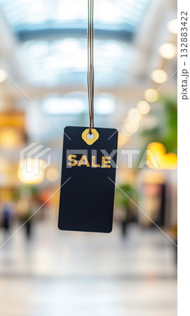 High-end commercial scene with floating price tag and blurred background, ideal for advertising, branding, and holiday discount campaigns 132883422