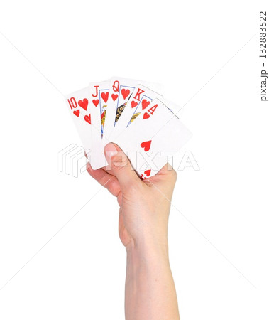 Isolated Royal Flush Hand With Hearts Suit Held Up on Transparent Background For Gambling Ads, Poker Promotions, Game Night Posters, Casino Marketing And Visuals Related To Luck, Risk, Winning Moments 132883522