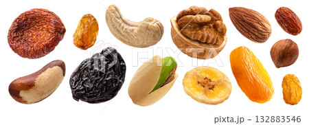 Collection of nuts and dried fruits isolated on white background with clipping path Collection of nuts and dried fruits isolated on white background with clipping path 132883546