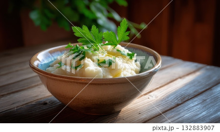 Rustic Bowl of Creamy Mashed Potatoes with Melted Butter and Fresh Parsley on Wooden Table, Cozy Comfort Food Photography for Culinary Projects Rustic Bowl of Creamy Mashed Potatoes with Melted Butter and Fresh Parsley on Wooden Table, Cozy Comfort Food Photography for Culinary Projects 132883907