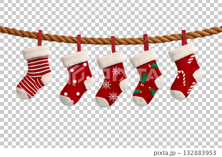 Festive 3d illustration of classic red and white christmas stockings hanging from rustic rope, waiting for santa to fill them with holiday gifts and treats Festive 3d illustration of classic red and white christmas stockings hanging from rustic rope, waiting for santa to fill them with holiday gifts and treats 132883953
