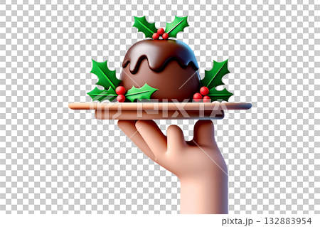 Festive 3d cartoon hand serving delicious chocolate pudding decorated with holly, perfect for christmas dessert concepts, holiday menus, cozy winter celebrations 132883954