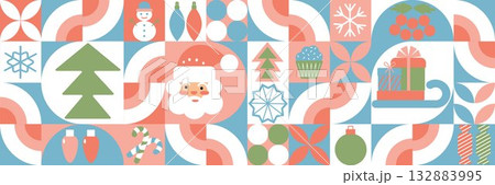 Christmas abstract geometric background in Bauhaus style. Seamless festive vector mosaic, minimal Scandinavian ornament. Merry Christmas, wallpaper, banner, festive cover design. Christmas abstract geometric background in Bauhaus style. Seamless festive vector mosaic, minimal Scandinavian ornament. Merry Christmas, wallpaper, banner, festive cover design. 132883995