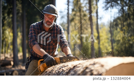 Caucasian lumberjack cutting tree trunk with chainsaw in forest clearing, morning light and flying wood chips. Caucasian lumberjack cutting tree trunk with chainsaw in forest clearing, morning light and flying wood chips. 132884004