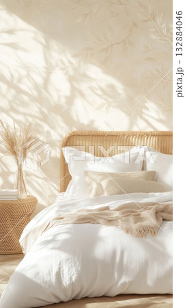 Serene bedroom design with warm lighting, organic textiles, and calming atmosphere for restful nights. 132884046