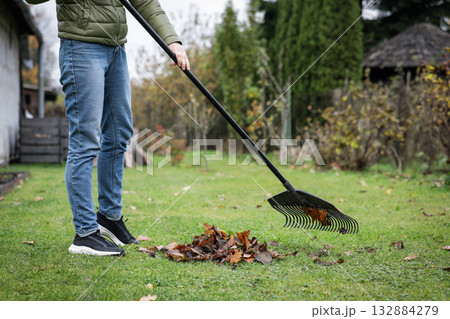 Person Raking Fallen Leaves in Autumn Garden 132884279