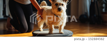 A small senior dog stands carefully on a balance disc as a young woman gently supports it, helping enhance its mobility and strength during a rehabilitation session, banner 132884382
