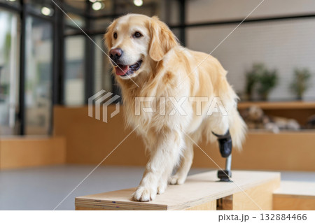 Golden retriever is carefully walking on a platform in a bright indoor dog gym. The session focuses on rehabilitation and strengthening mobility with supportive equipment Golden retriever is carefully walking on a platform in a bright indoor dog gym. The session focuses on rehabilitation and strengthening mobility with supportive equipment 132884466