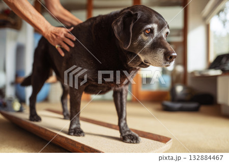 A senior Labrador leans slightly on a wobble board while a human hand supports its balance. This is part of a fitness training session focused on rehabilitation and maintaining mobility 132884467