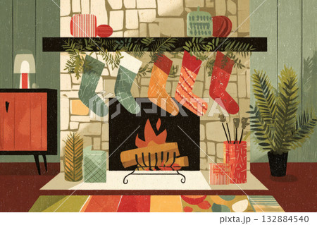 A warm holiday atmosphere showcases a decorated fireplace with vibrant stockings hung neatly. Nearby, colorful gifts and greenery add to the retro charm of this cozy Christmas setting 132884540