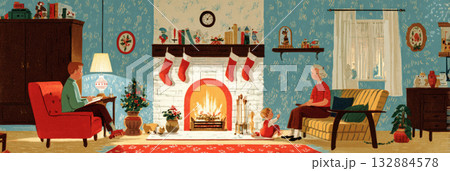 A family sits closely together in front of a bright fireplace, enjoying a cozy Christmas evening. Colorful stockings hang above the flames, creating a warm and festive atmosphere, banner A family sits closely together in front of a bright fireplace, enjoying a cozy Christmas evening. Colorful stockings hang above the flames, creating a warm and festive atmosphere, banner 132884578