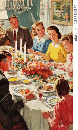 A cheerful family gathers around a beautifully set table for Christmas dinner. A delicious roasted turkey is the centerpiece, surrounded by sides and festive decorations A cheerful family gathers around a beautifully set table for Christmas dinner. A delicious roasted turkey is the centerpiece, surrounded by sides and festive decorations 132884579