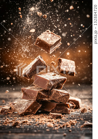 Chocolate chunks falling amidst cocoa powder...のイラスト素材 [132884720] - PIXTA