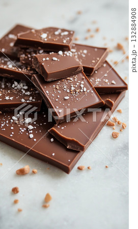 Chocolate pieces topped with caramel shards and sea salt flakes, a refined swalty food visual for gourmet packaging. 132884908