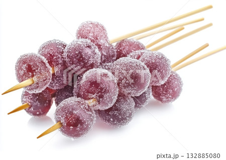 Traditional Chinese tanghulu dessert with sugar-coated grape skewers, perfect for minimal clean food visuals. 132885080
