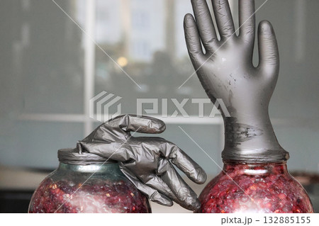 Two glass jars with fermenting grapes. Black rubber gloves are put on the jars. One glove is inflated by fermentation gases. Making homemade grape wine. Close-up.. 132885155