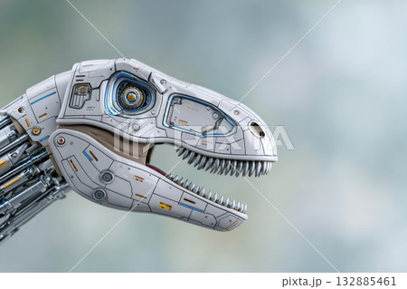 Futuristic robotic dinosaur head with metallic details and glowing eye 132885461