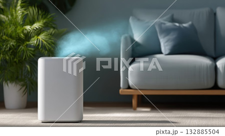 Modern air purifier in living room improving air quality 132885504