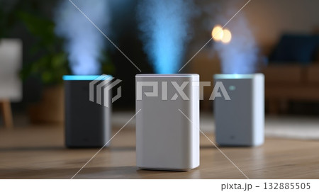 Smart humidifiers releasing cool mist in modern home 132885505