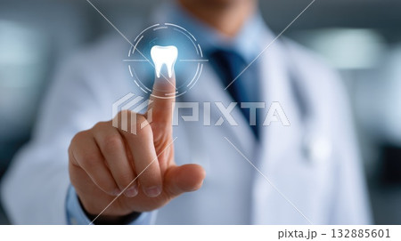 Dentist touching virtual hologram of tooth icon Dentist touching virtual hologram of tooth icon 132885601