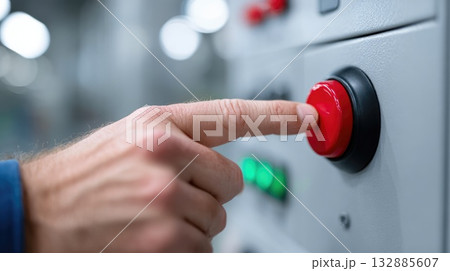 Hand pressing red emergency stop button on control panel Hand pressing red emergency stop button on control panel 132885607