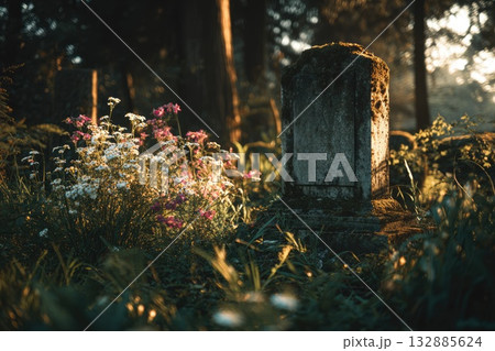 Old Weathered Tombstone with Wildflowers in Cemetery 132885624