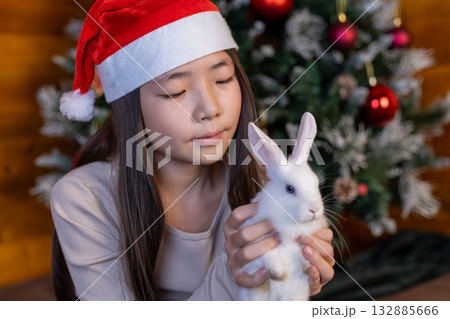 A girl in a Santa hat is tenderly holding a white rabbit A girl in a Santa hat is tenderly holding a white rabbit 132885666