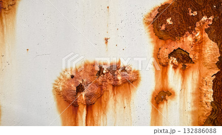 Grunge white painted metal texture with heavy vertical rust stains. Abstract industrial background. 132886088