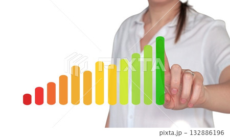 Woman pointing at colorful ascending chart representing growth and success. Concept of progress, data analysis, business development, and financial improvement in modern corporate strategy Woman pointing at colorful ascending chart representing growth and success. Concept of progress, data analysis, business development, and financial improvement in modern corporate strategy 132886196