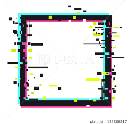 Glitch frame. Abstract noise glitch border frame, digital distortion square border flat vector illustration. Pixelated bad tv signal glitch effect 132886217