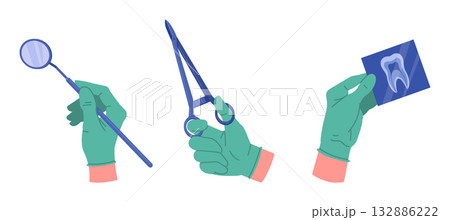 Stomatologist holding tools. Dentist hands in rubber gloves holding dental equipment flat vector illustration set. Cartoon dentist tools in doctors hands 132886222